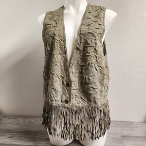 Action Wear Sage Green Vest L Vintage Quilt Pattern Fringe Embroidered‎ Crushed